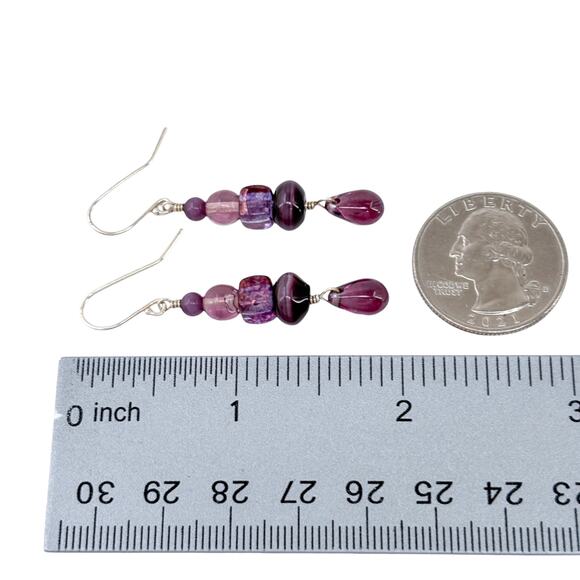 Estate Sterling Silver 925 Beaded Purple Glass Dangle Earrings - Picture 5 of 6